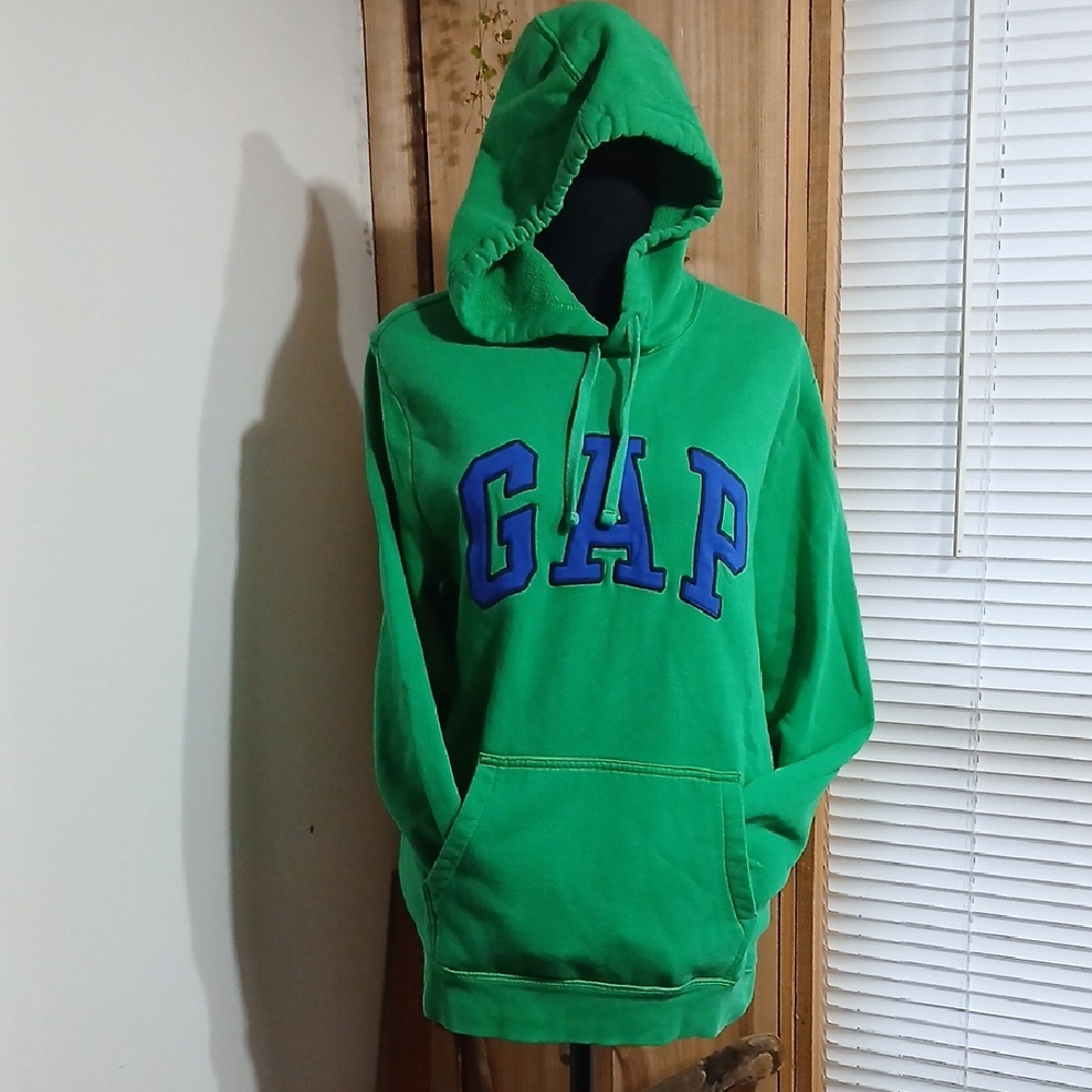 GAP Men's Vibrant Green Hoodie with Blue Lettering